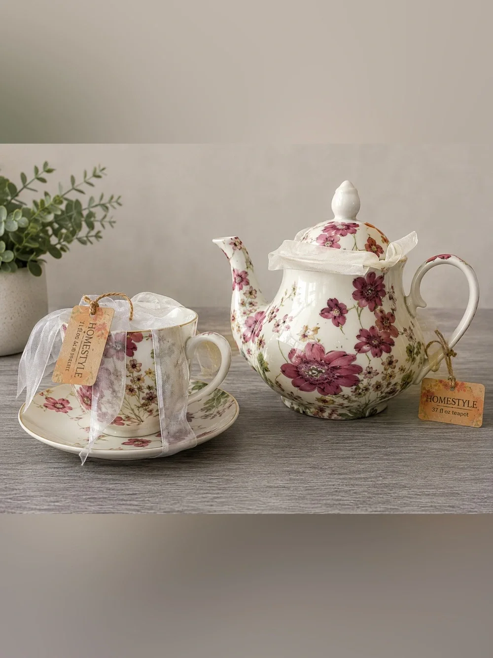 Homestyle Floral Teapot Teacup Saucer Set Pink White Cottagecore Brunch  NWT